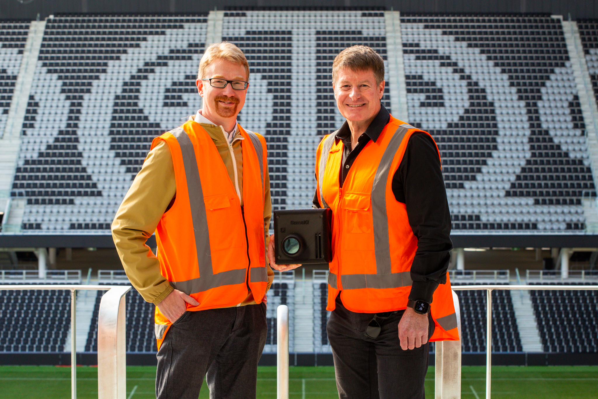 A SenseiQ sensor mounted on the floor inside One New Zealand Stadium.